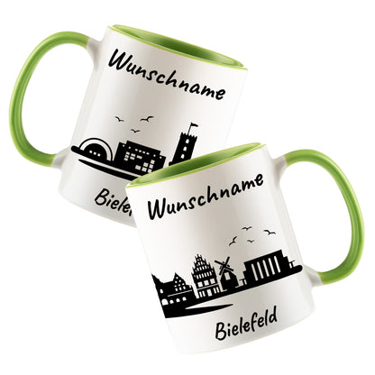 Tasse in Hellgrün 330ml bedruckt mit der Skyline von Bielefeld personalisierbar mit Wunschname