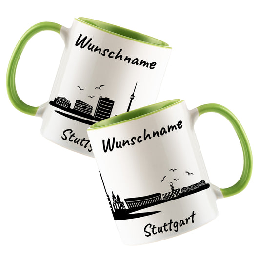 Tasse in Hellgrün 330ml bedruckt mit der Skyline von Stuttgart personalisierbar mit Wunschname