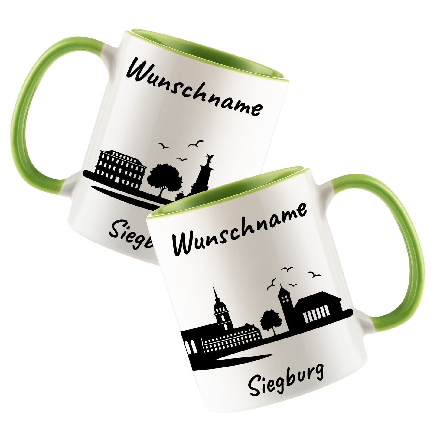Tasse in Hellgrün 330ml bedruckt mit der Skyline von Siegburg personalisierbar mit Wunschname