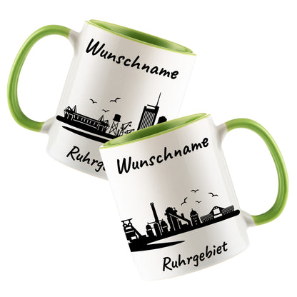 Tasse in Hellgrün 330ml bedruckt mit der Skyline von Ruhrgebiet personalisierbar mit Wunschname