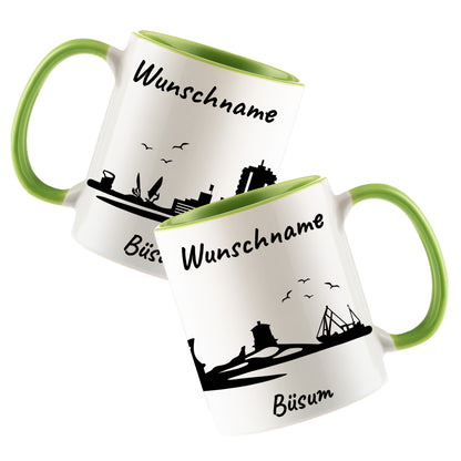 Tasse in Hellgrün 330ml bedruckt mit der Skyline von Büsum personalisierbar mit Wunschname