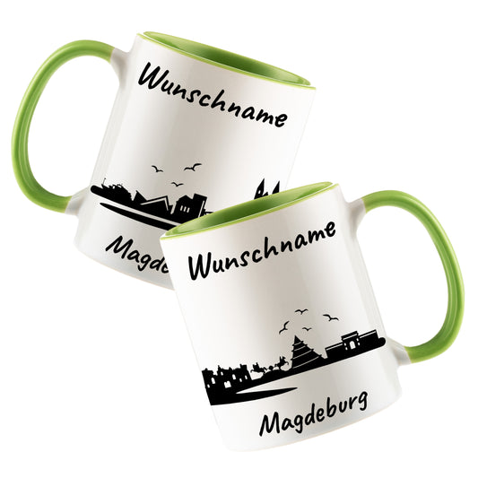Tasse in Hellgrün 330ml bedruckt mit der Skyline von Magdeburg personalisierbar mit Wunschname