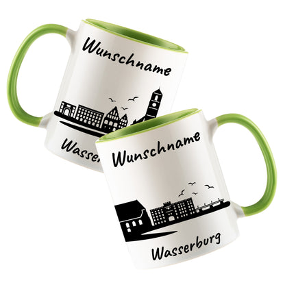Tasse in Hellgrün 330ml bedruckt mit der Skyline von Wasserburg personalisierbar mit Wunschname