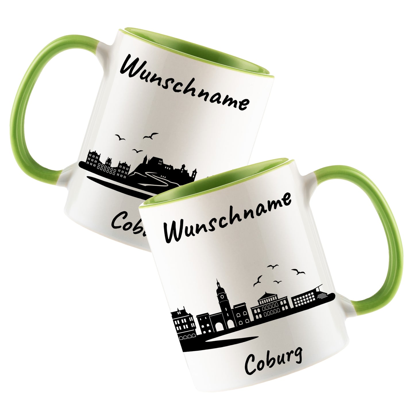 Tasse in Hellgrün 330ml bedruckt mit der Skyline von Coburg personalisierbar mit Wunschname