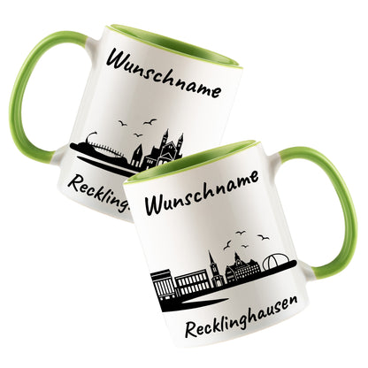 Tasse in Hellgrün 330ml bedruckt mit der Skyline von Recklinghausen personalisierbar mit Wunschname