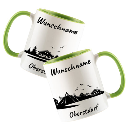 Tasse in Hellgrün 330ml bedruckt mit der Skyline von Oberstdorf personalisierbar mit Wunschname