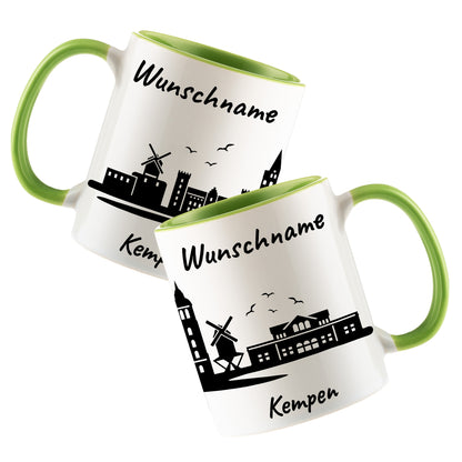Tasse in Hellgrün 330ml bedruckt mit der Skyline von Kempen personalisierbar mit Wunschname