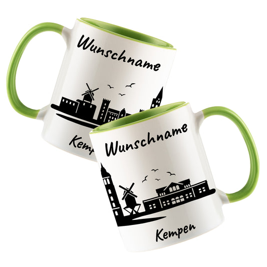 Tasse in Hellgrün 330ml bedruckt mit der Skyline von Kempen personalisierbar mit Wunschname