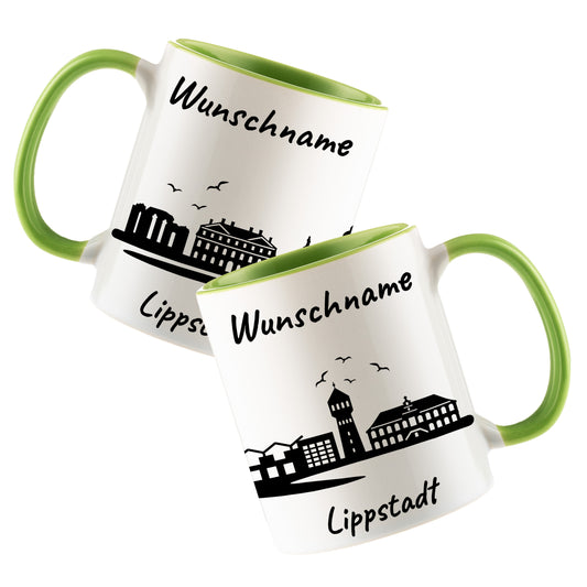 Tasse in Hellgrün 330ml bedruckt mit der Skyline von Lippstadt personalisierbar mit Wunschname