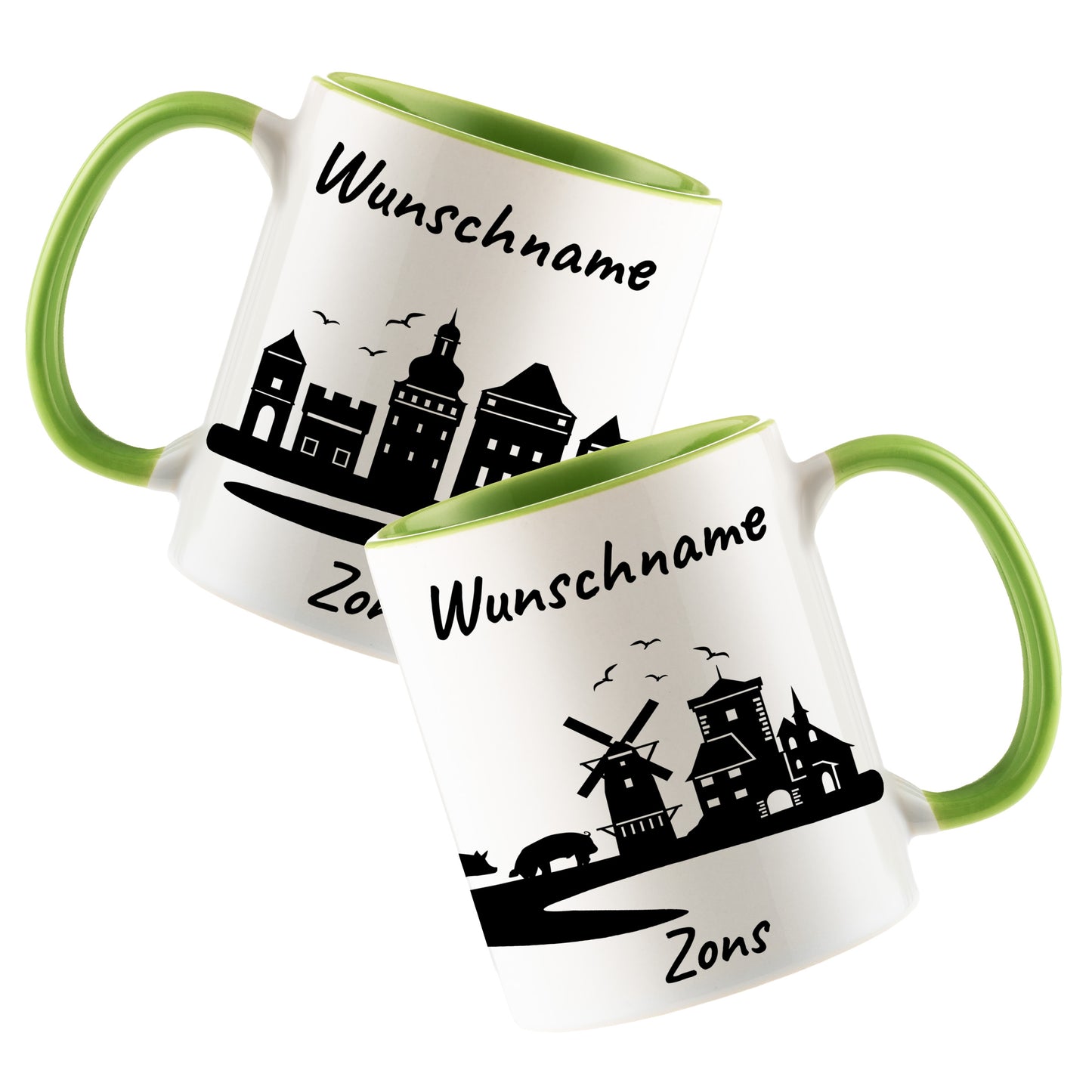 Tasse in Hellgrün 330ml bedruckt mit der Skyline von Zons (Dormagen) personalisierbar mit Wunschname