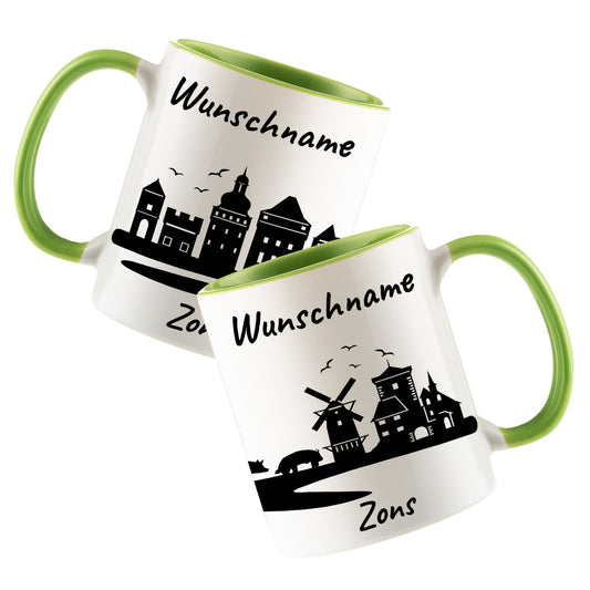 Tasse in Hellgrün 330ml bedruckt mit der Skyline von Zons (Dormagen) personalisierbar mit Wunschname