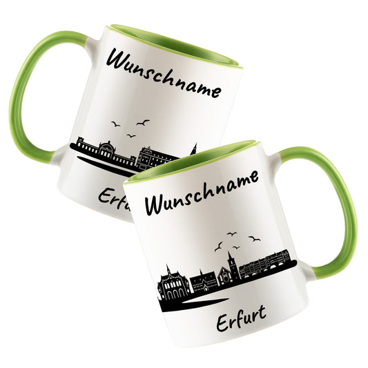 Tasse in Hellgrün 330ml bedruckt mit der Skyline von Erfurt personalisierbar mit Wunschname