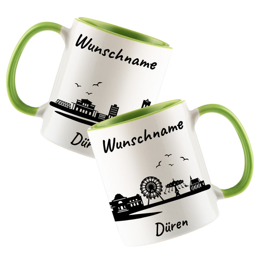 Tasse in Hellgrün 330ml bedruckt mit der Skyline von Düren personalisierbar mit Wunschname