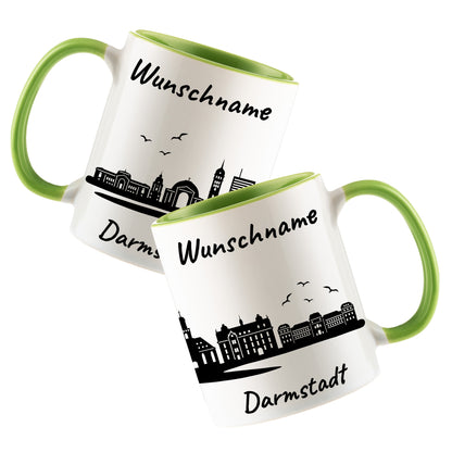 Tasse in Hellgrün 330ml bedruckt mit der Skyline von Darmstadt personalisierbar mit Wunschname