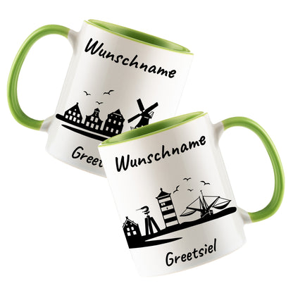Tasse in Hellgrün 330ml bedruckt mit der Skyline von Greetsiel personalisierbar mit Wunschname