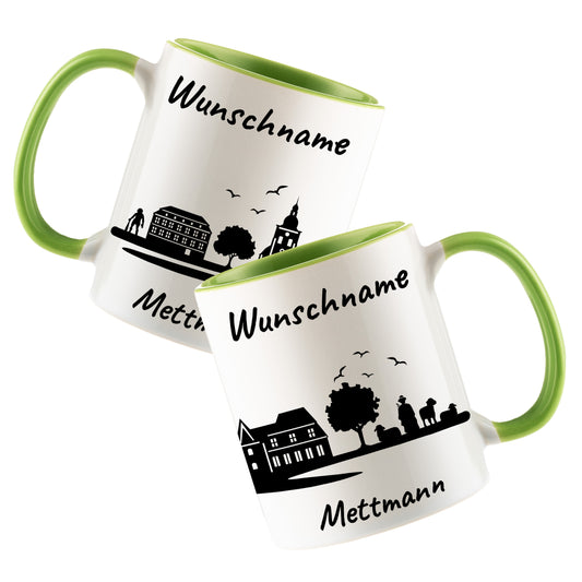Tasse in Hellgrün 330ml bedruckt mit der Skyline von Mettmann personalisierbar mit Wunschname