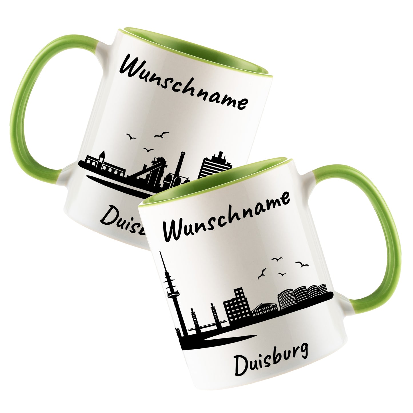 Tasse in Hellgrün 330ml bedruckt mit der Skyline von Duisburg personalisierbar mit Wunschname