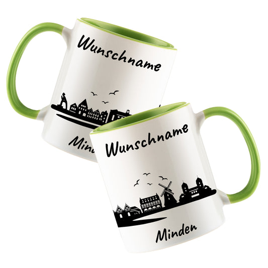 Tasse in Hellgrün 330ml bedruckt mit der Skyline von Minden personalisierbar mit Wunschname