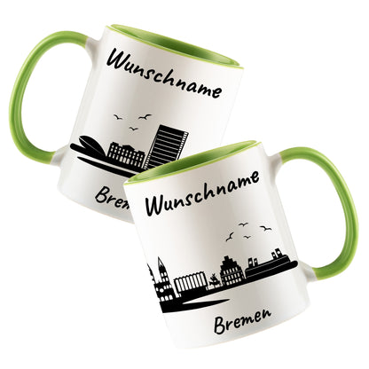 Tasse in Hellgrün 330ml bedruckt mit der Skyline von Bremen personalisierbar mit Wunschname