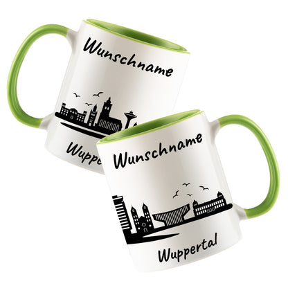 Tasse in Hellgrün 330ml bedruckt mit der Skyline von Wuppertal personalisierbar mit Wunschname