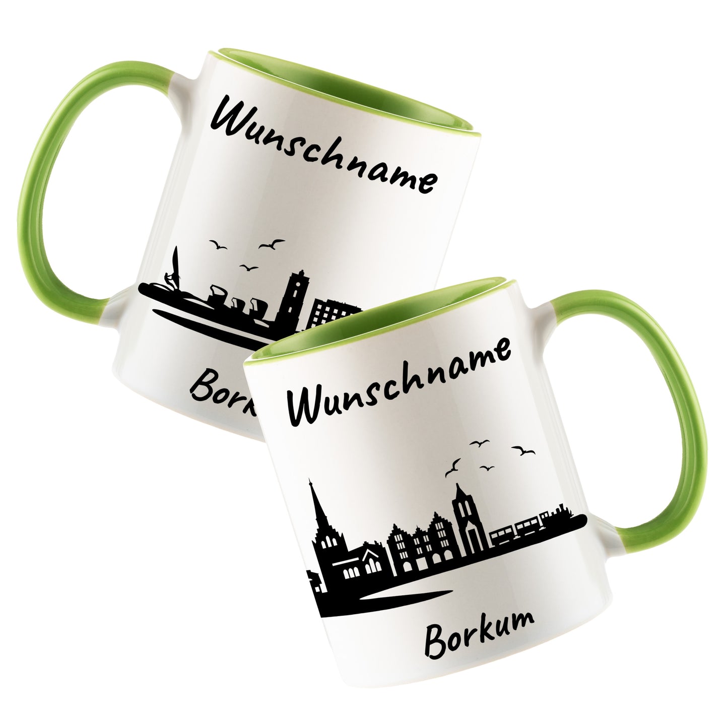 Tasse in Hellgrün 330ml bedruckt mit der Skyline von Borkum personalisierbar mit Wunschname