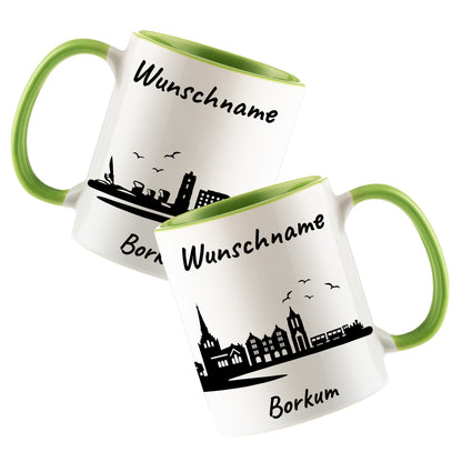 Tasse in Hellgrün 330ml bedruckt mit der Skyline von Borkum personalisierbar mit Wunschname