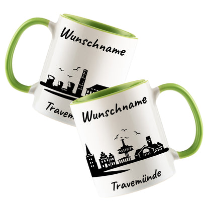 Tasse in Hellgrün 330ml bedruckt mit der Skyline von Travemünde personalisierbar mit Wunschname