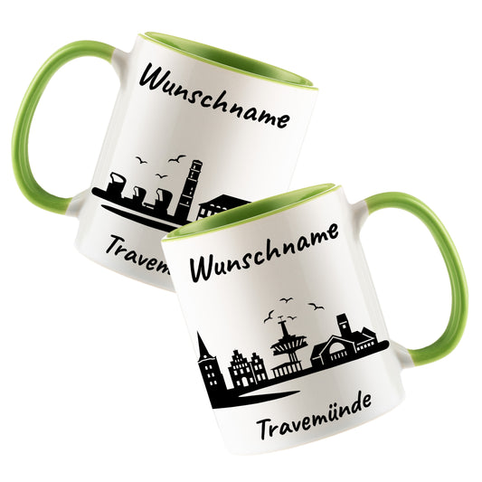 Tasse in Hellgrün 330ml bedruckt mit der Skyline von Travemünde personalisierbar mit Wunschname