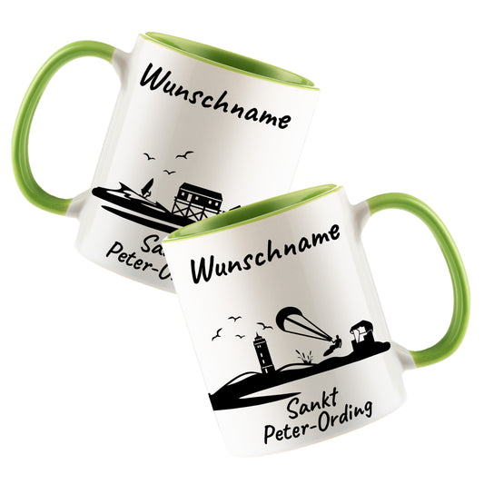 Tasse in Hellgrün 330ml bedruckt mit der Skyline von Sankt Peter-Ording personalisierbar mit Wunschname