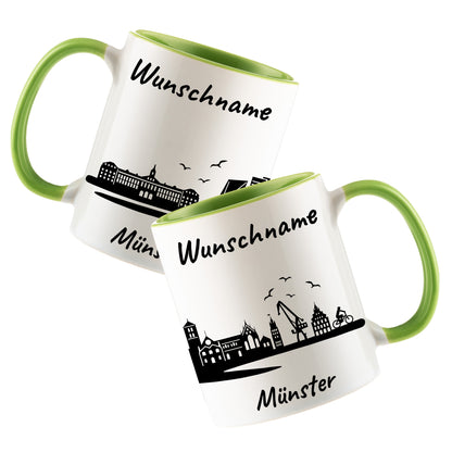 Tasse in Hellgrün 330ml bedruckt mit der Skyline von Münster personalisierbar mit Wunschname