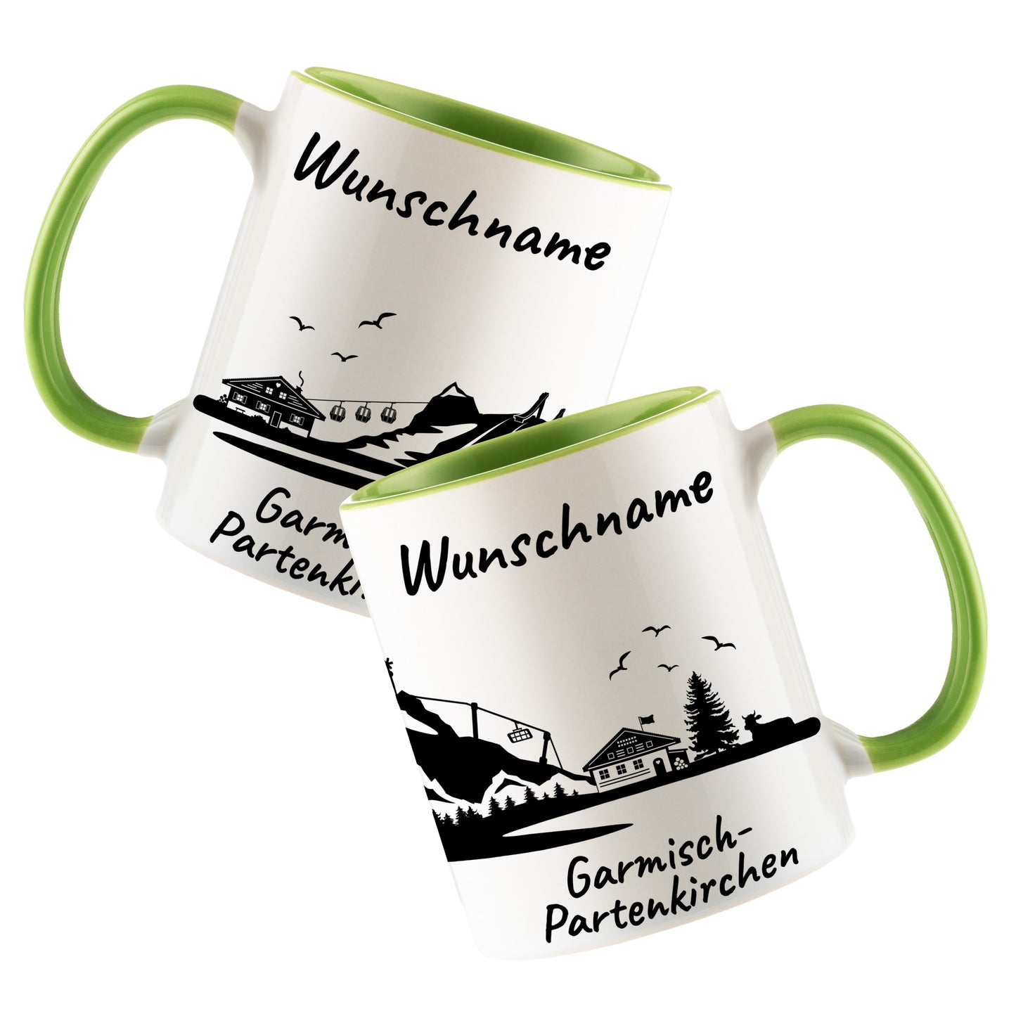 Tasse in Hellgrün 330ml bedruckt mit der Skyline von Garmisch-Partenkirchen personalisierbar mit Wunschname