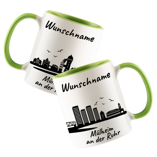 Tasse in Hellgrün 330ml bedruckt mit der Skyline von Mülheim an der Ruhr personalisierbar mit Wunschname