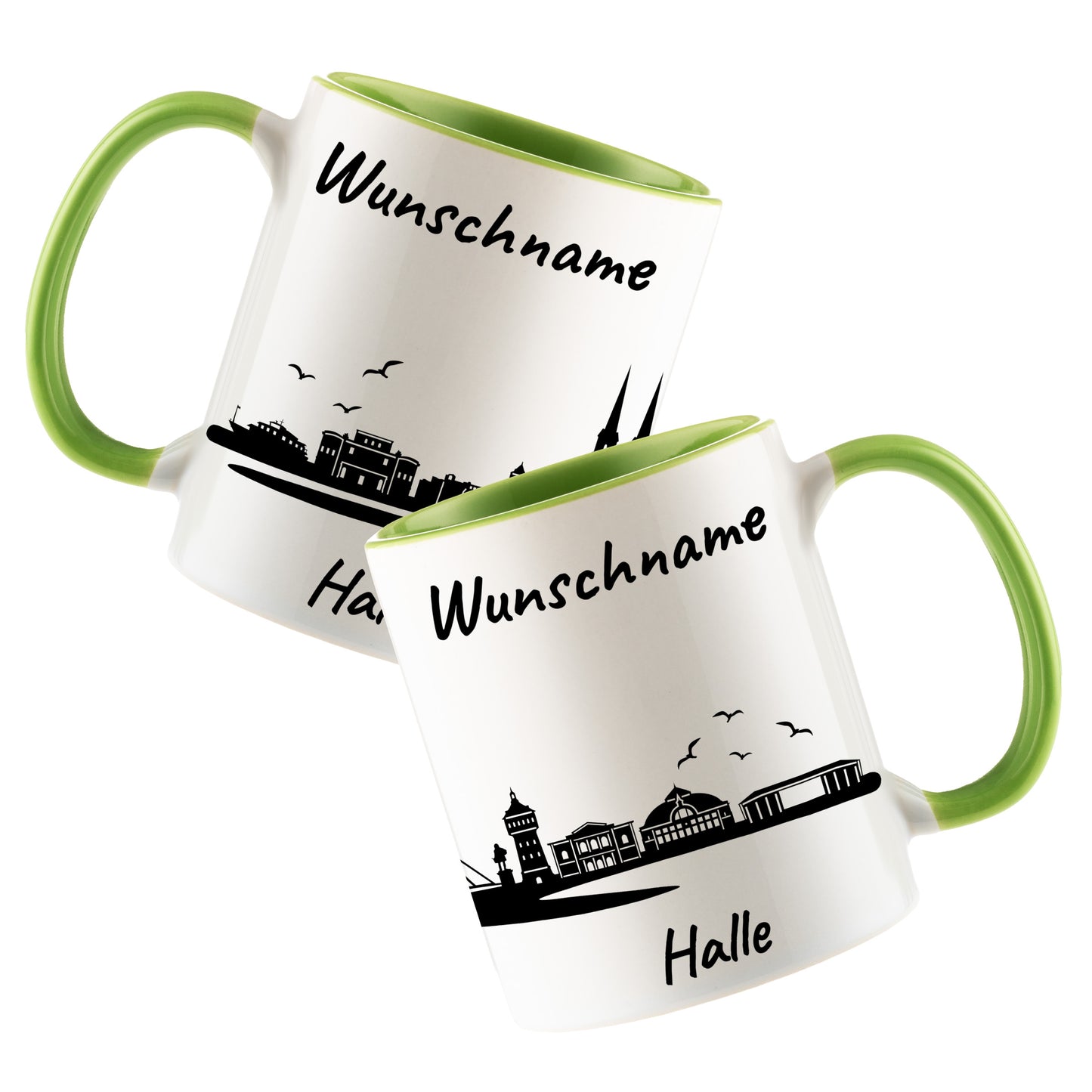 Tasse in Hellgrün 330ml bedruckt mit der Skyline von Halle personalisierbar mit Wunschname