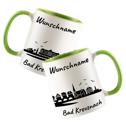 Tasse in Hellgrün 330ml bedruckt mit der Skyline von Bad Kreuznach personalisierbar mit Wunschname