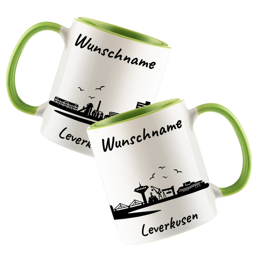 Tasse in Hellgrün 330ml bedruckt mit der Skyline von Leverkusen personalisierbar mit Wunschname
