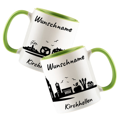 Tasse in Hellgrün 330ml bedruckt mit der Skyline von Kirchhellen personalisierbar mit Wunschname