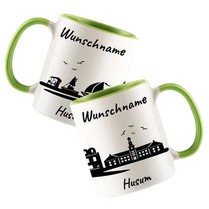 Tasse in Hellgrün 330ml bedruckt mit der Skyline von Husum personalisierbar mit Wunschname