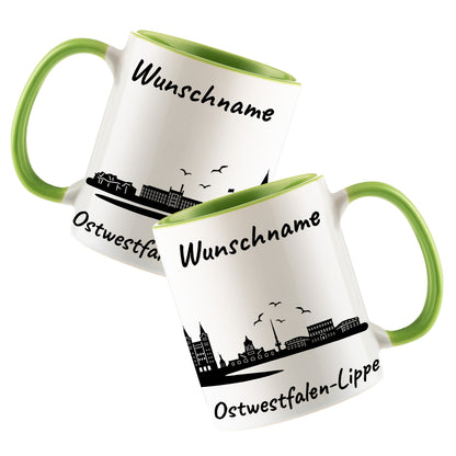 Tasse in Hellgrün 330ml bedruckt mit der Skyline von Ostwestfalen-Lippe personalisierbar mit Wunschname