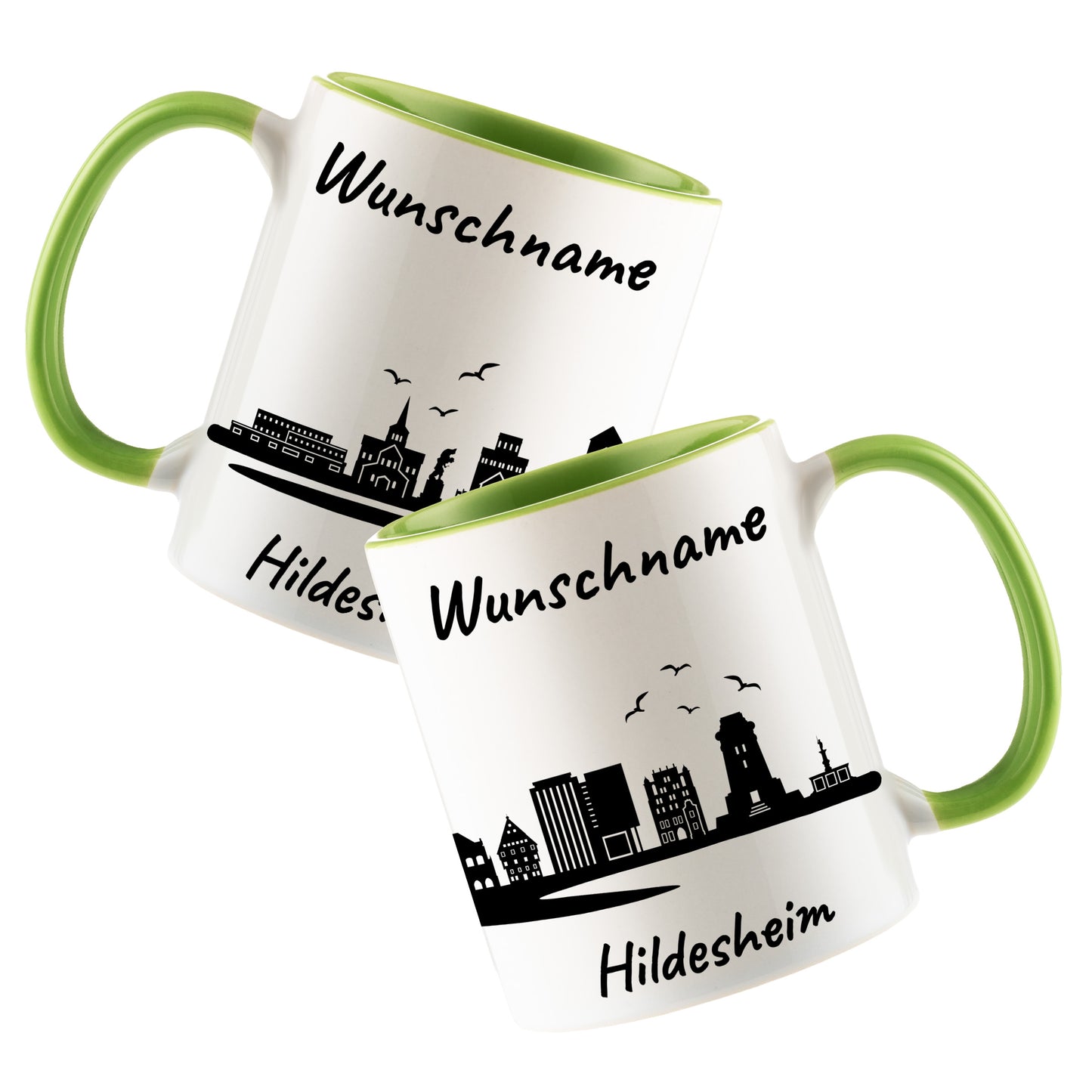 Tasse in Hellgrün 330ml bedruckt mit der Skyline von Hildesheim personalisierbar mit Wunschname