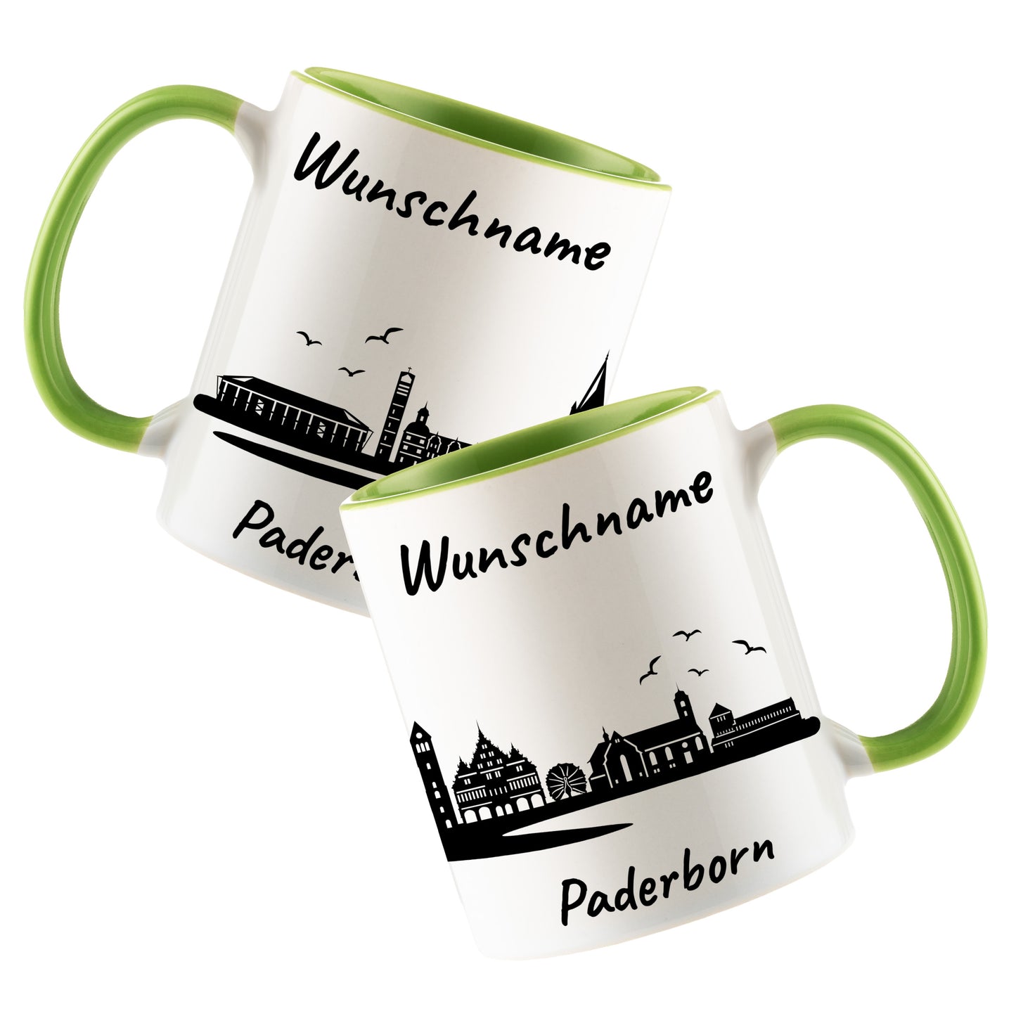 Tasse in Hellgrün 330ml bedruckt mit der Skyline von Paderborn personalisierbar mit Wunschname