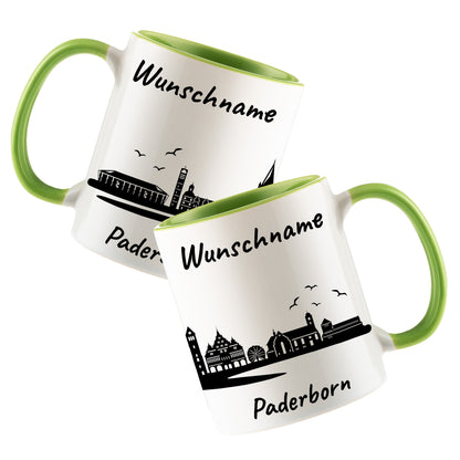 Tasse in Hellgrün 330ml bedruckt mit der Skyline von Paderborn personalisierbar mit Wunschname