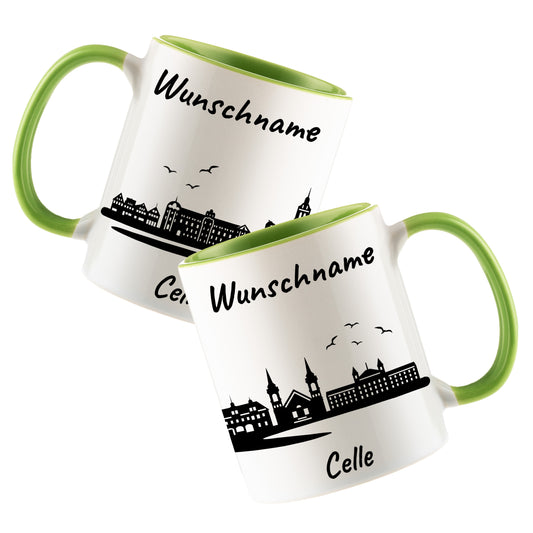 Tasse in Hellgrün 330ml bedruckt mit der Skyline von Celle personalisierbar mit Wunschname