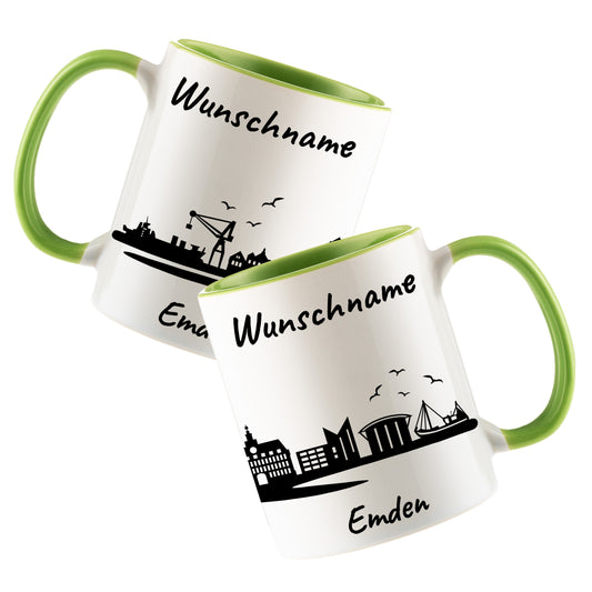 Tasse in Hellgrün 330ml bedruckt mit der Skyline von Emden personalisierbar mit Wunschname