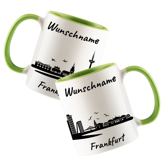 Tasse in Hellgrün 330ml bedruckt mit der Skyline von Frankfurt personalisierbar mit Wunschname