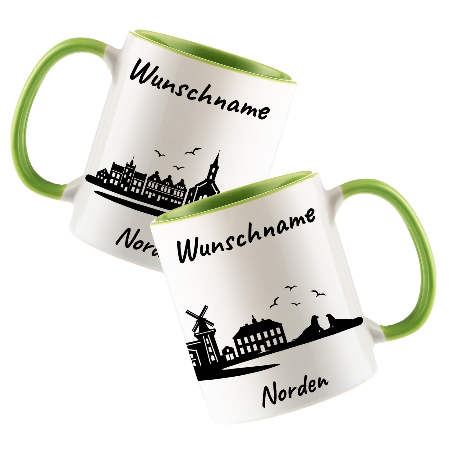 Tasse in Hellgrün 330ml bedruckt mit der Skyline von Norden personalisierbar mit Wunschname