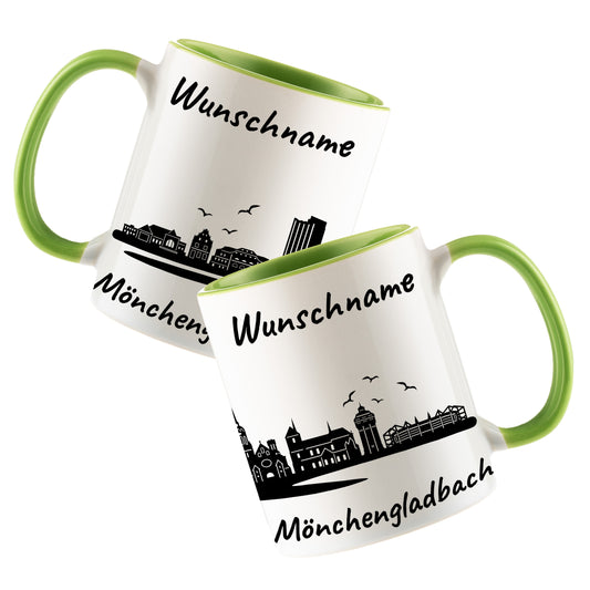 Tasse in Hellgrün 330ml bedruckt mit der Skyline von Mönchengladbach personalisierbar mit Wunschname