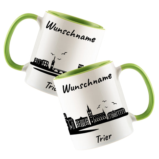 Tasse in Hellgrün 330ml bedruckt mit der Skyline von Trier personalisierbar mit Wunschname