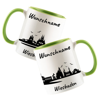 Tasse in Hellgrün 330ml bedruckt mit der Skyline von Wiesbaden personalisierbar mit Wunschname