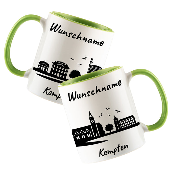 Tasse in Hellgrün 330ml bedruckt mit der Skyline von Kempten personalisierbar mit Wunschname