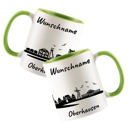 Tasse in Hellgrün 330ml bedruckt mit der Skyline von Oberhausen personalisierbar mit Wunschname